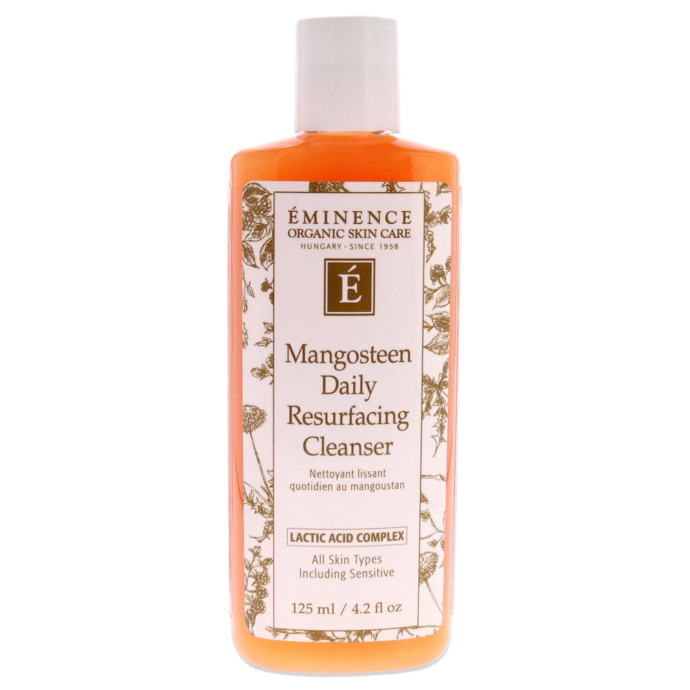 Eminence Mangosteen Daily Resurfacing Cleanser bottle close-up highlighting even tone and glow.