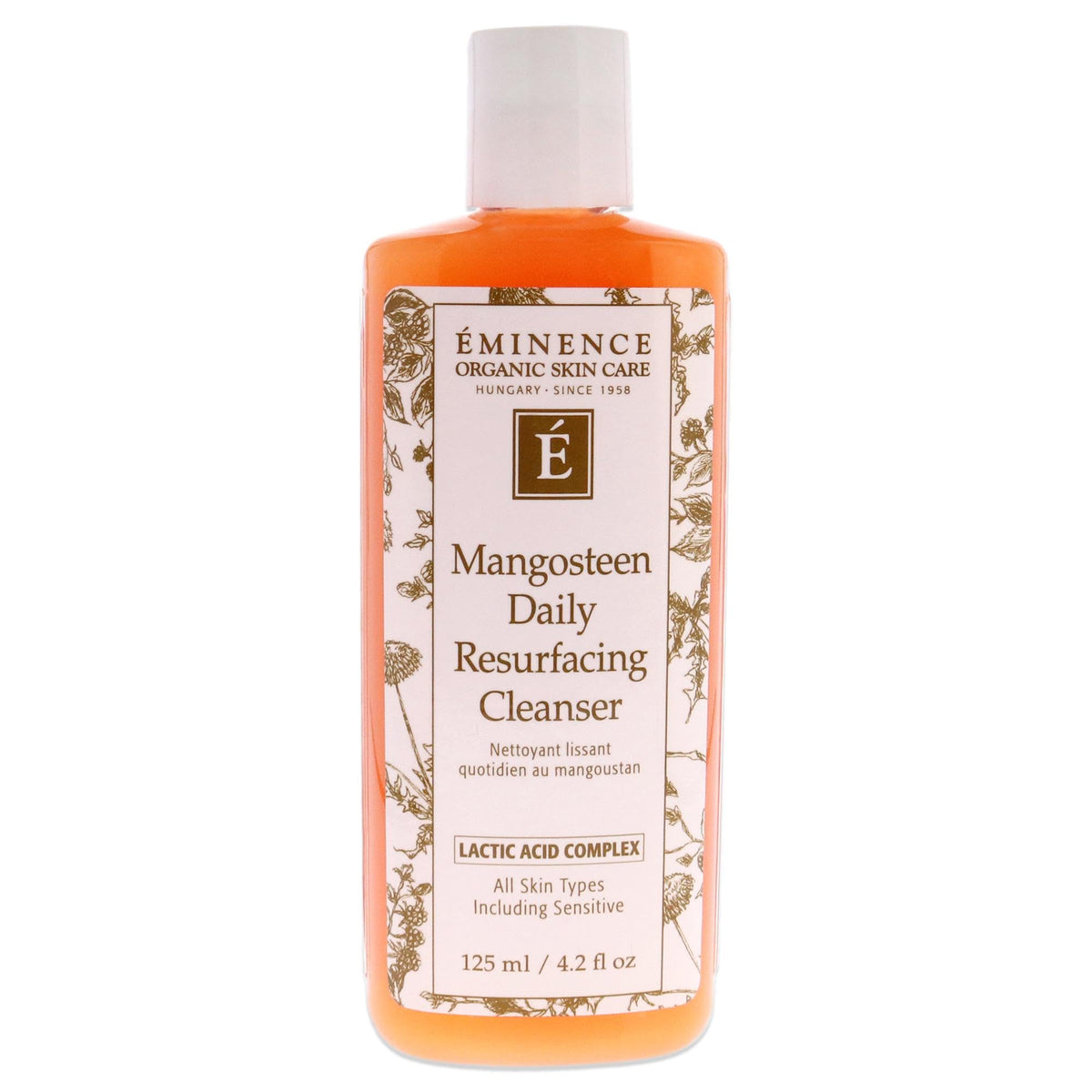 Eminence Mangosteen Daily Resurfacing Cleanser bottle close-up highlighting even tone and glow.