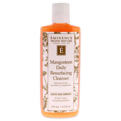 Eminence Mangosteen Daily Resurfacing Cleanser bottle close-up highlighting even tone and glow.