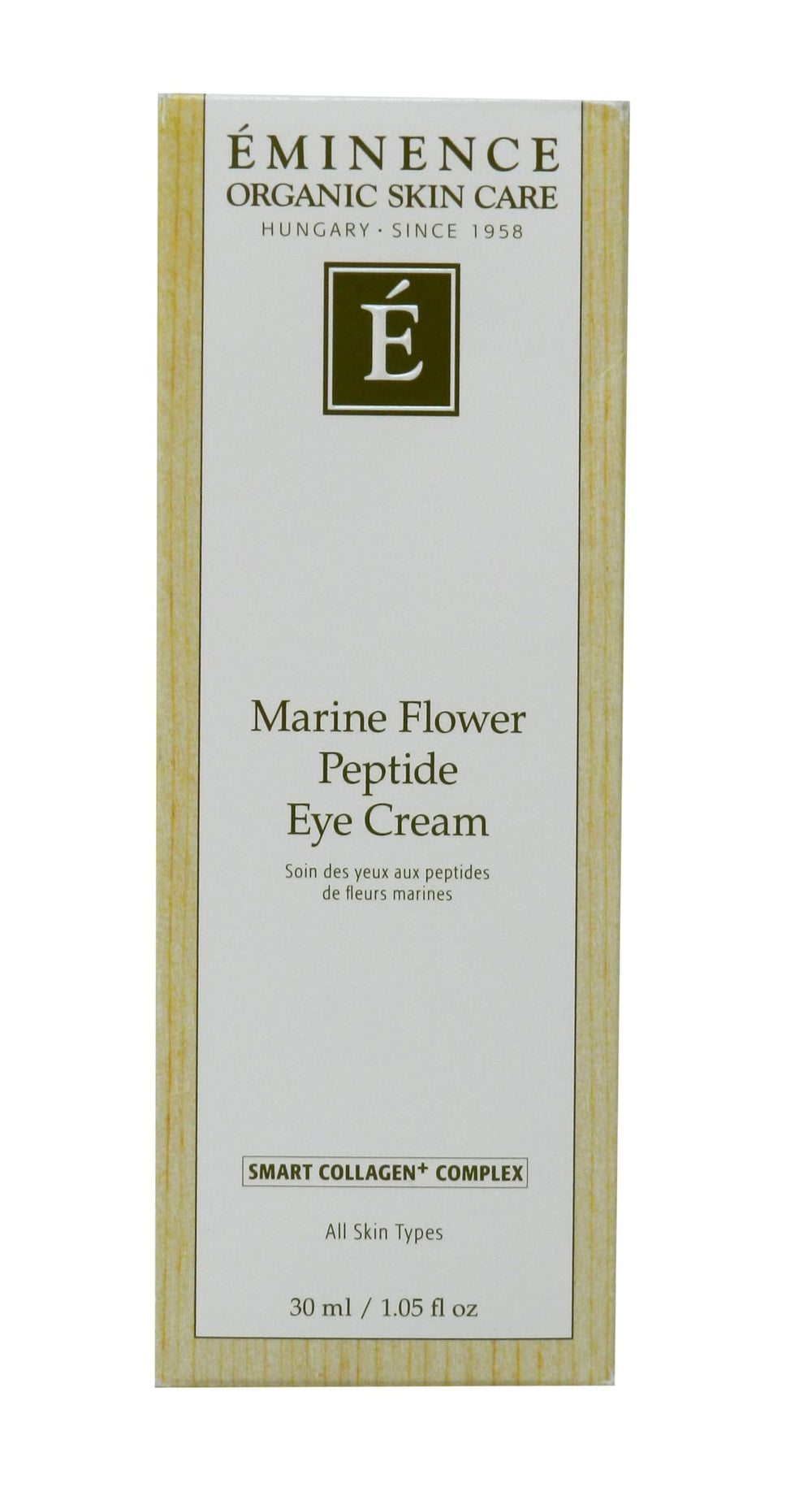 Eminence Marine Flower Peptide Eye Cream jar close-up shows ultra-rich texture for hydration.