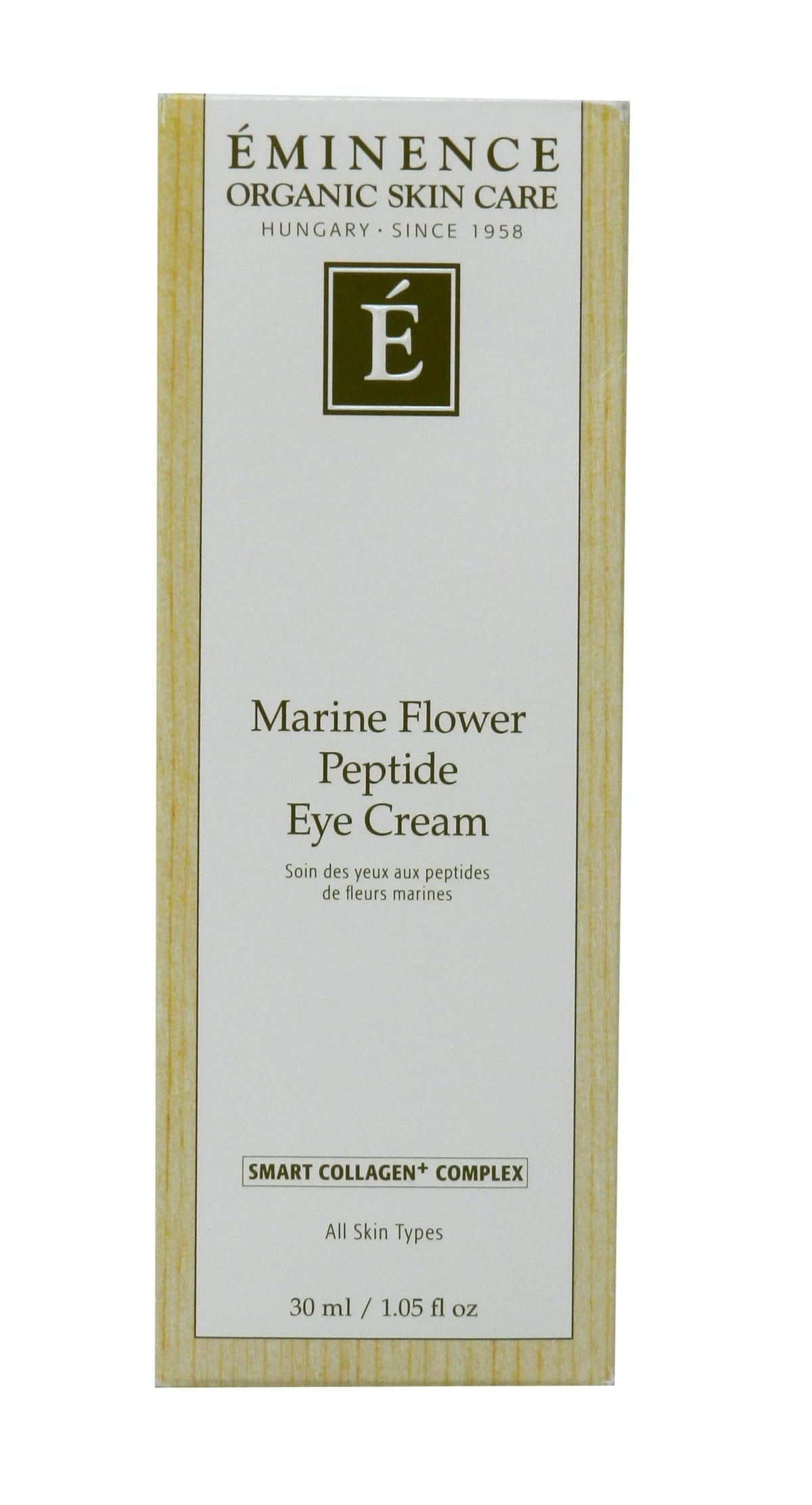 Eminence Marine Flower Peptide Eye Cream jar close-up shows ultra-rich texture for hydration.