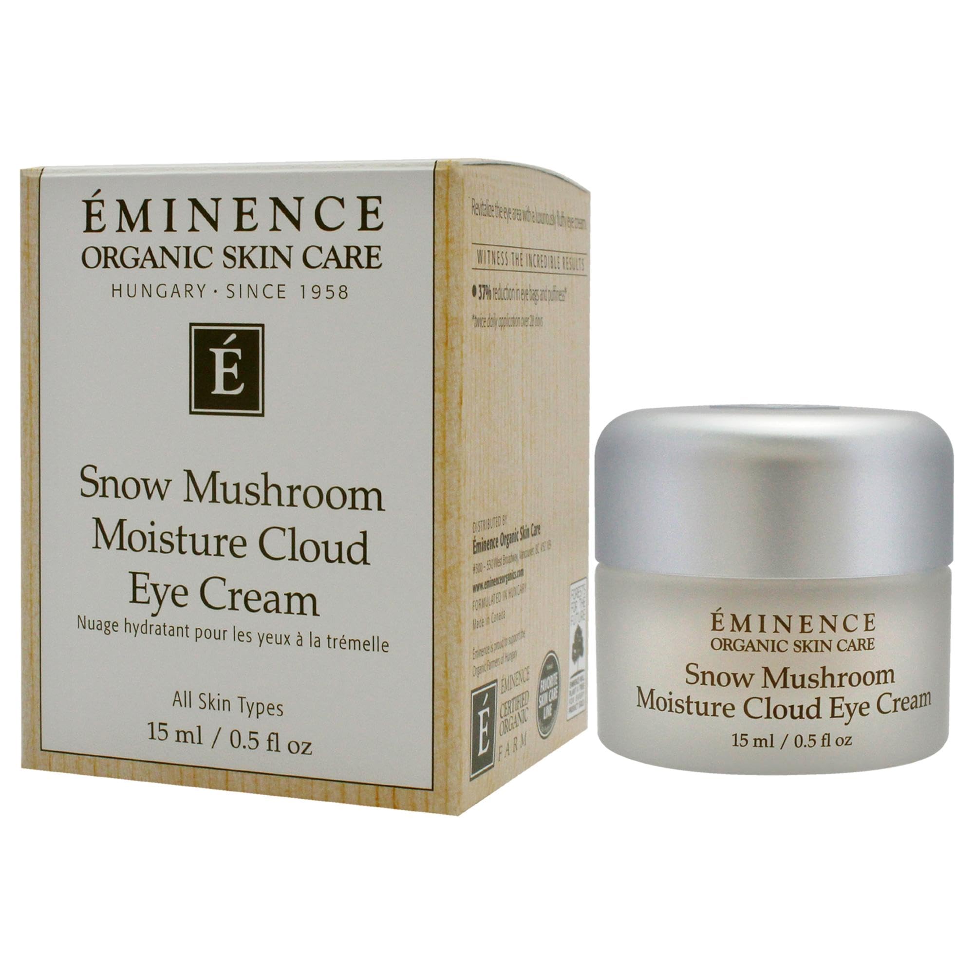 Eminence Organic Snow Mushroom Eye Cream packaging opens to reveal lush revitalizing formula