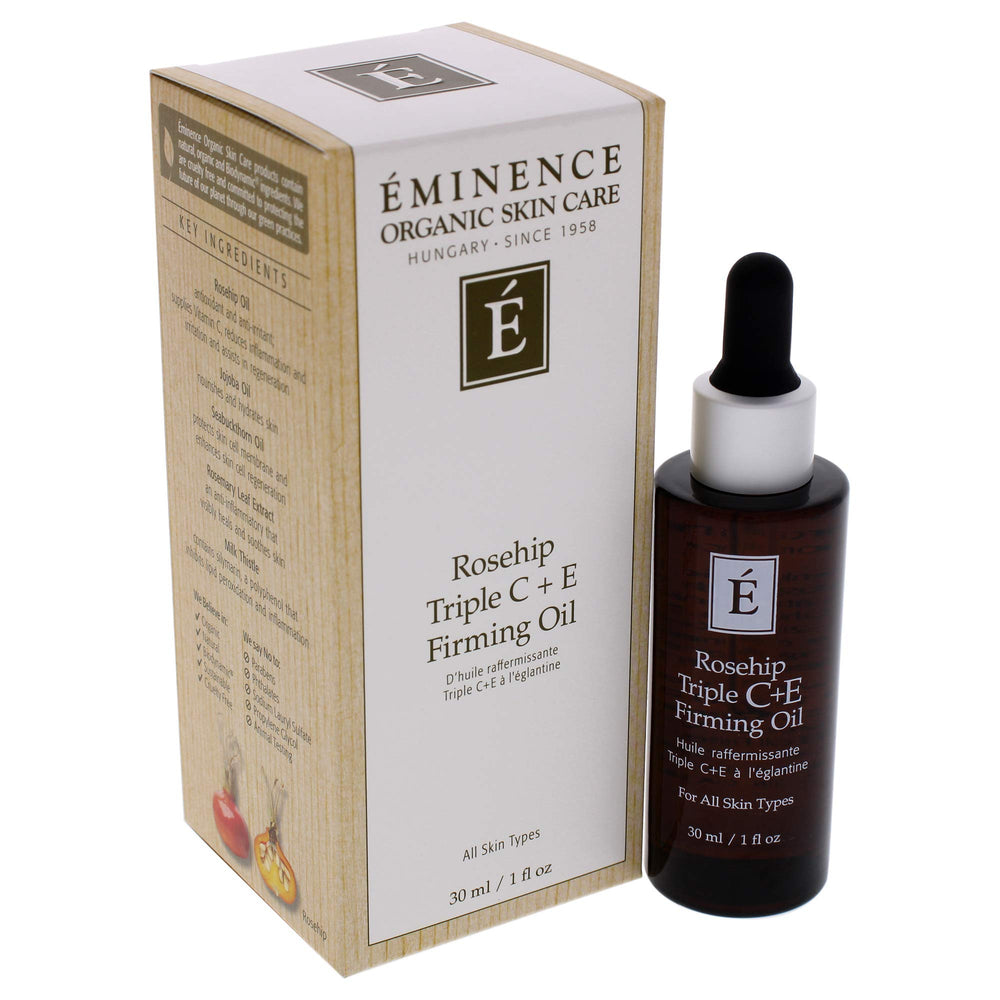 Eminence Rosehip Triple C+e firming oil texture drizzled on skin for versatile facial care ritual