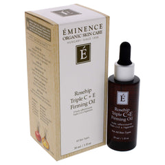 Eminence Rosehip Triple C+e firming oil texture drizzled on skin for versatile facial care ritual