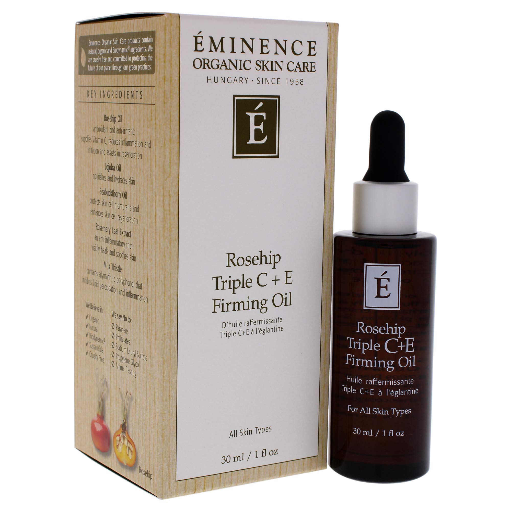 Eminence Rosehip Triple C+e ingredients closeup featuring antioxidant-rich components