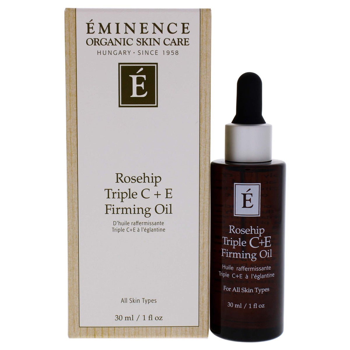 Eminence Rosehip Triple C+e Firming Oil bottle showing hydrating formulation for all skin types