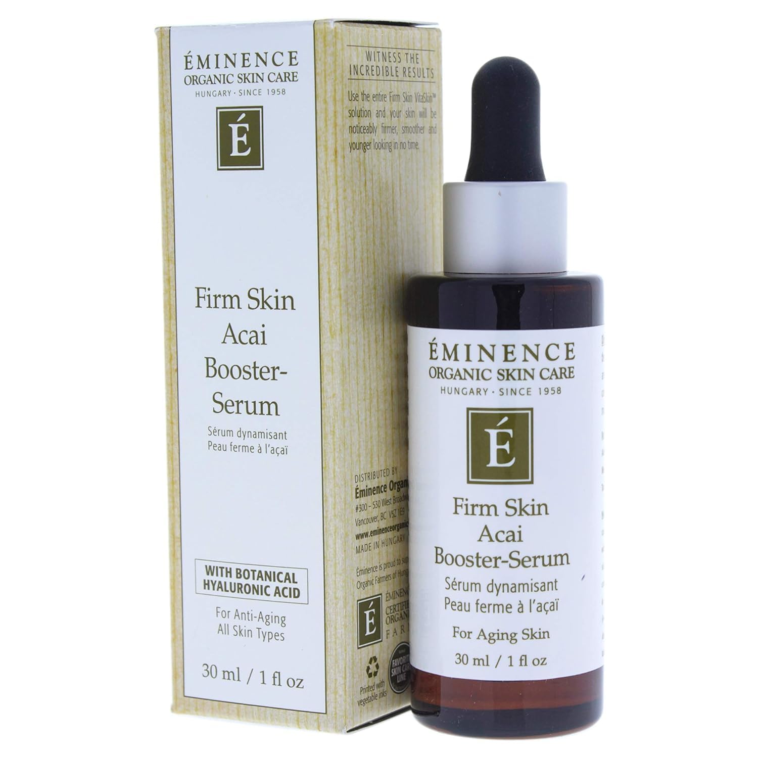 Eminence Firm Skin Acai Booster Serum 1oz packaging on clean surface.
