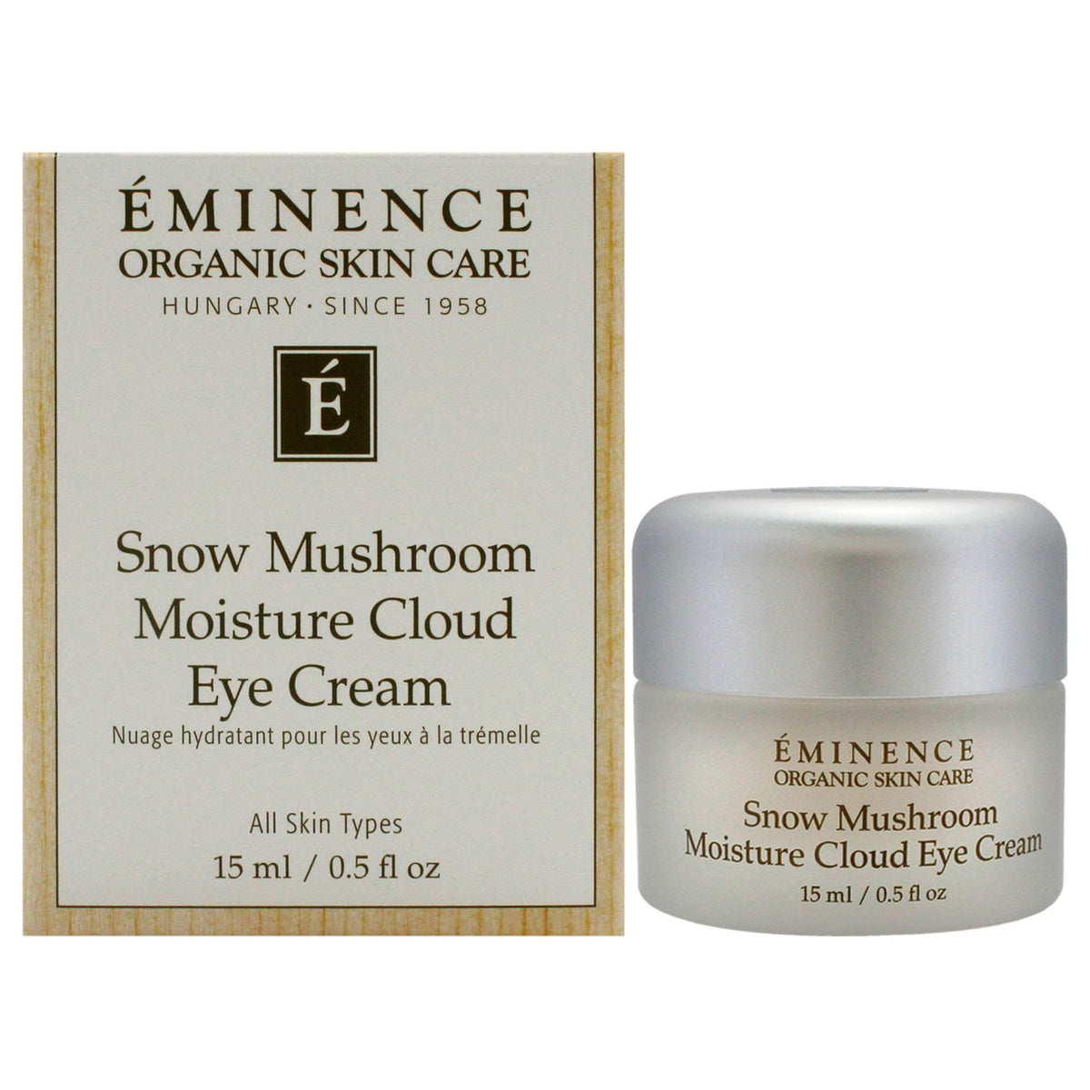 Eminence Snow Mushroom Eye Cream bottle delivers deep hydration for delicate under-eye skin