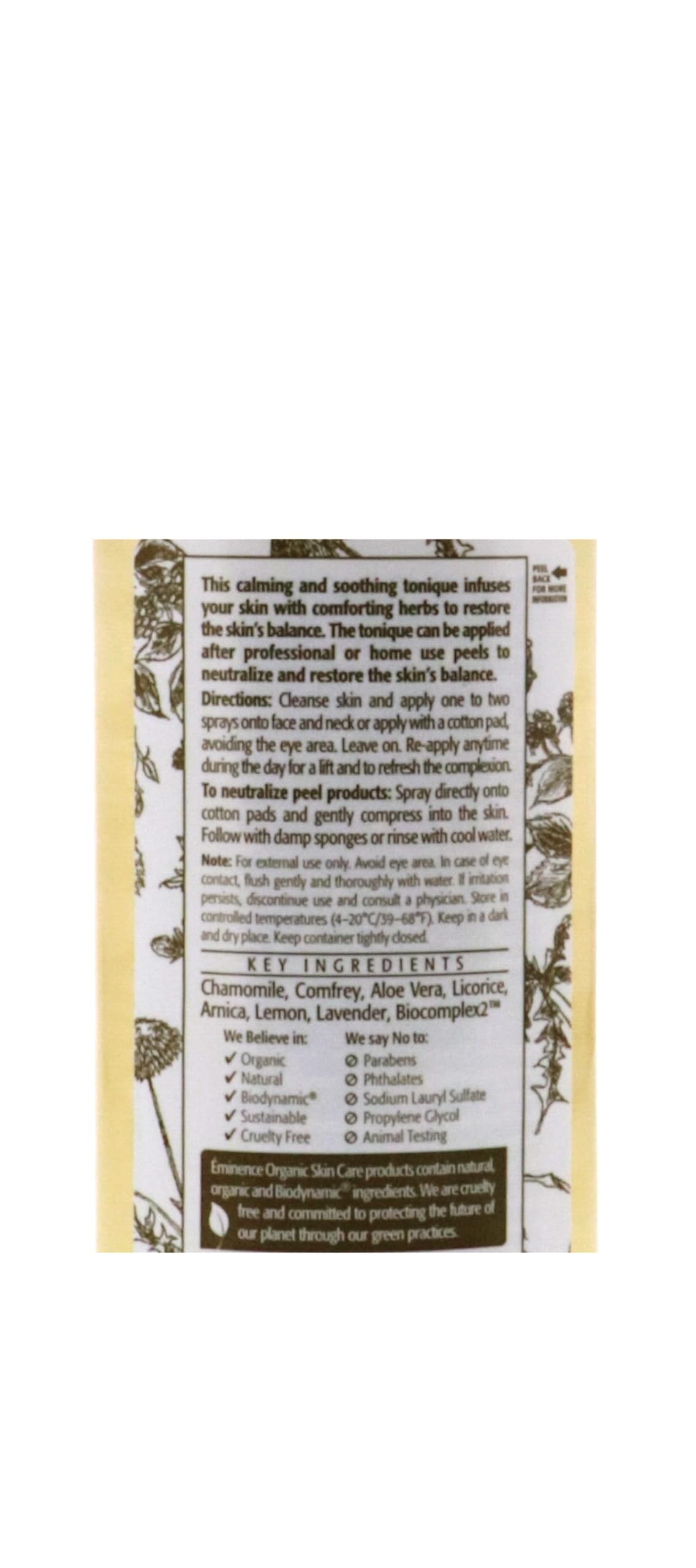 Eminence Soothing Chamomile Tonique ingredient close-up emphasizes chamomile and lavender soothing blend