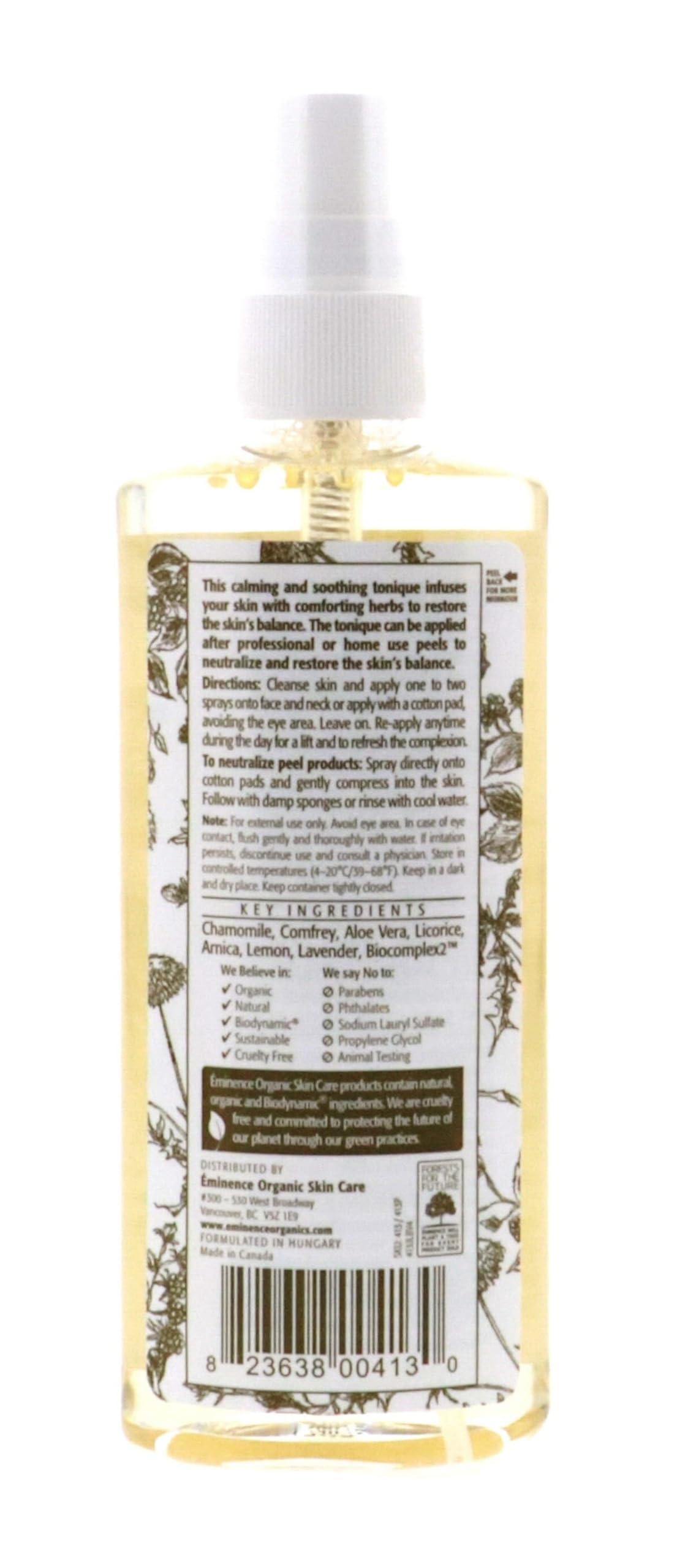 Eminence Soothing Chamomile Tonique label close-up highlights calming botanicals for skin balance