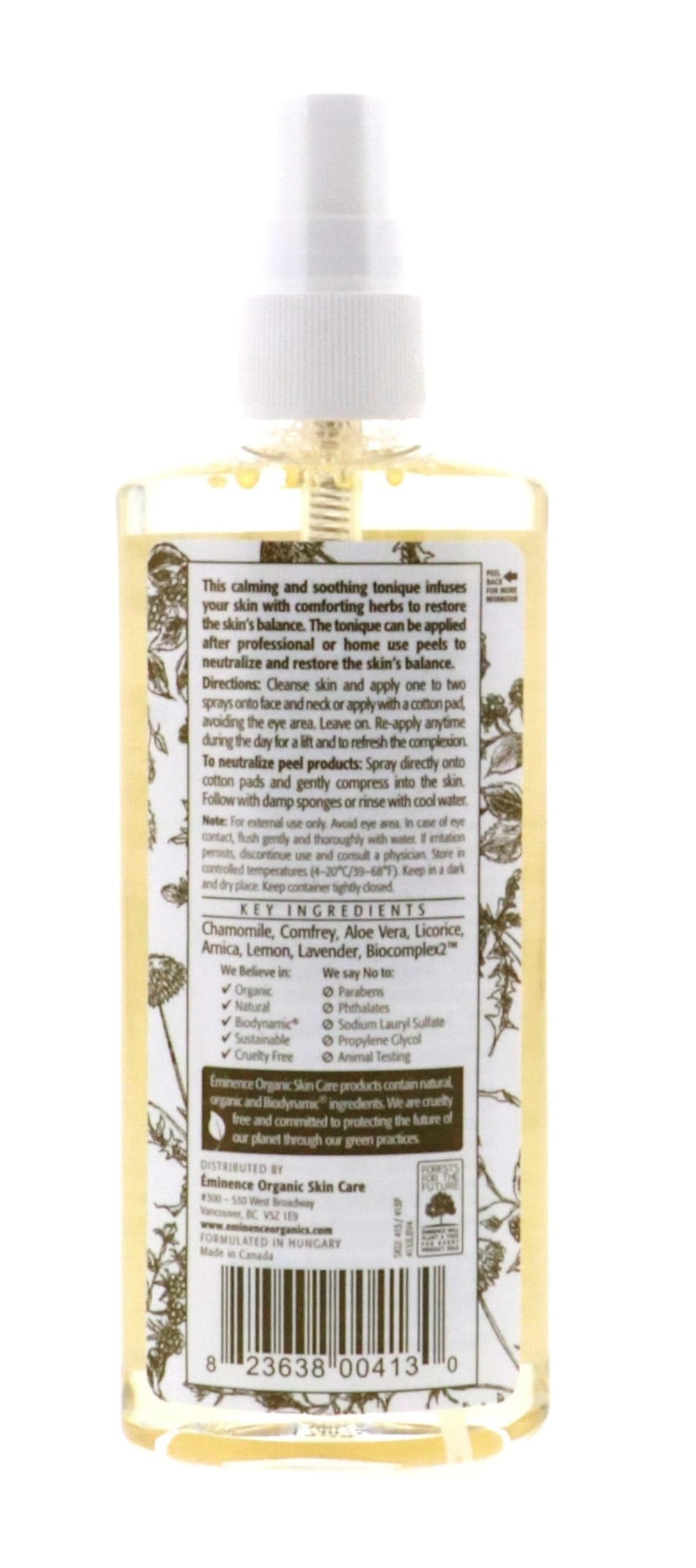 Eminence Soothing Chamomile Tonique label close-up highlights calming botanicals for skin balance