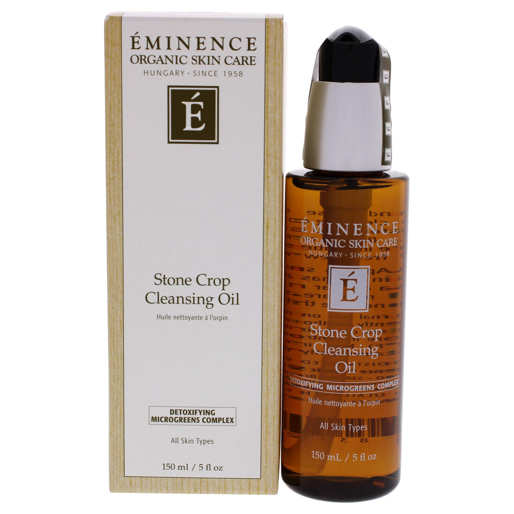 Eminence Stone Crop Cleansing Oil bottle poured for gentle cleansing and makeup removal