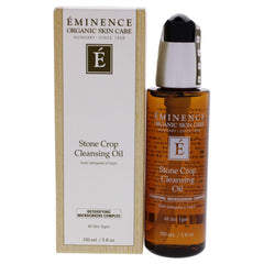 Eminence Stone Crop Cleansing Oil bottle poured for gentle cleansing and makeup removal