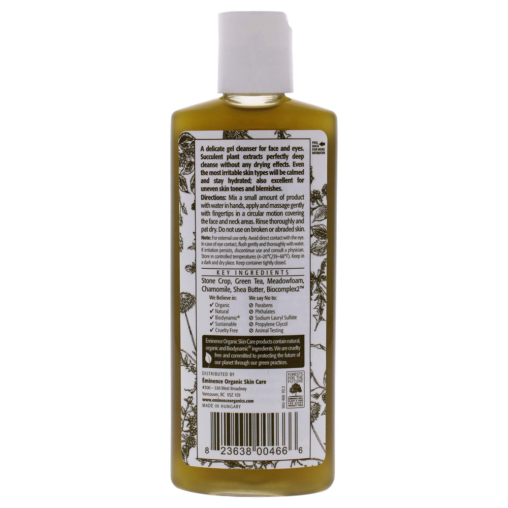 Eminence Stone Crop Gel Wash label closeup shows organic ingredients and sensitive-skin care.
