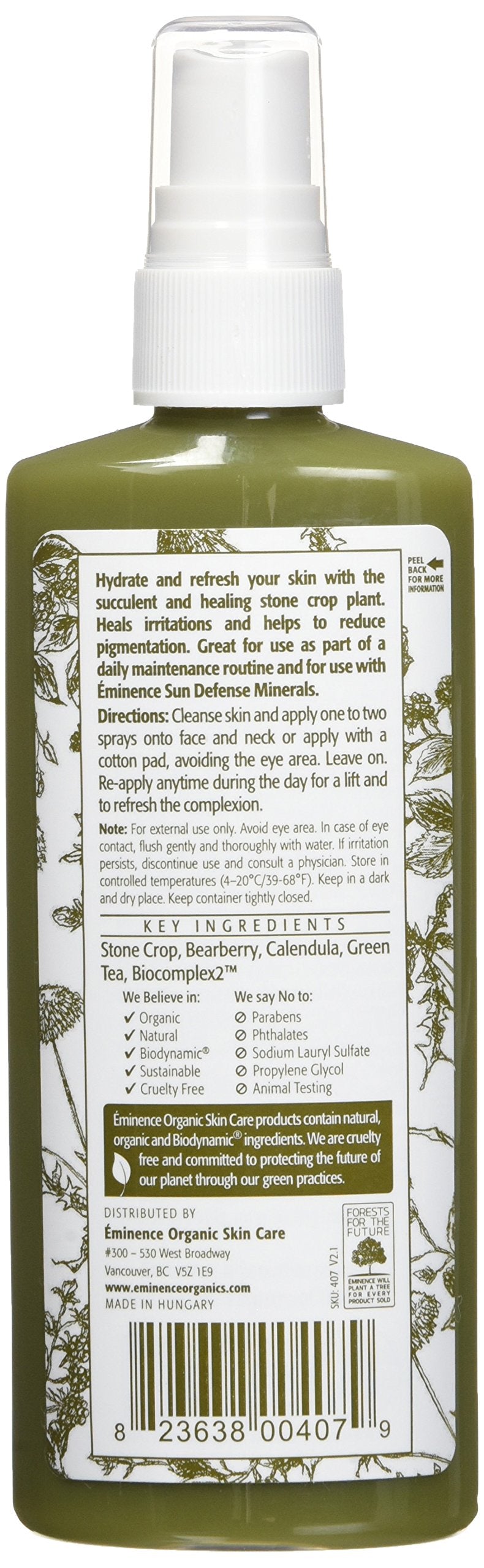 Eminence Stone Crop Hydrating Mist pump-closeup highlights lightweight, alcohol-free setting spray benefits