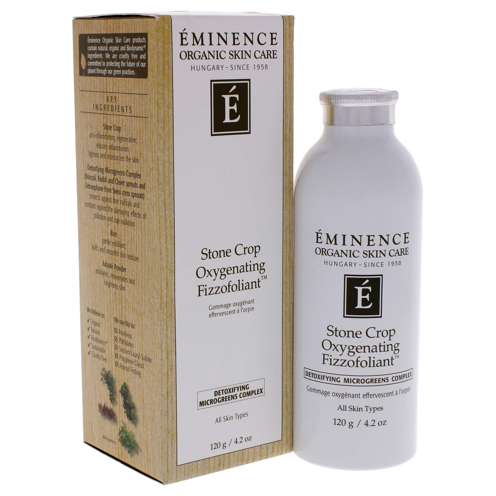 Eminence Stone Crop Oxygenating Fizzofoliant packaging highlights natural, organic formula for clean beauty