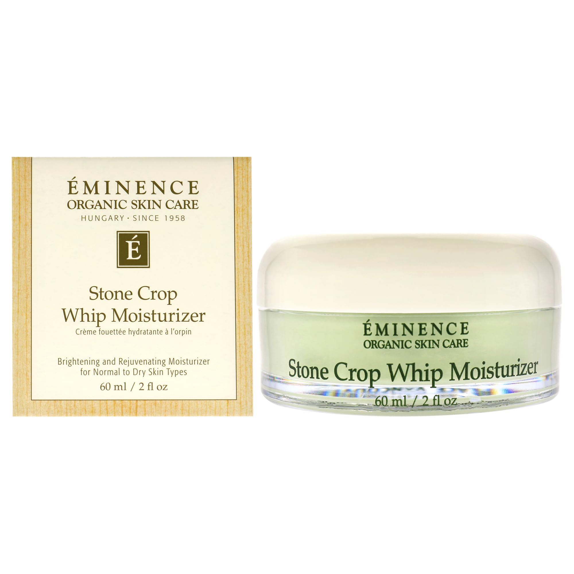 Eminence Stone Crop Whip jar close-up highlights hydrating moisture for radiant, even-toned skin.