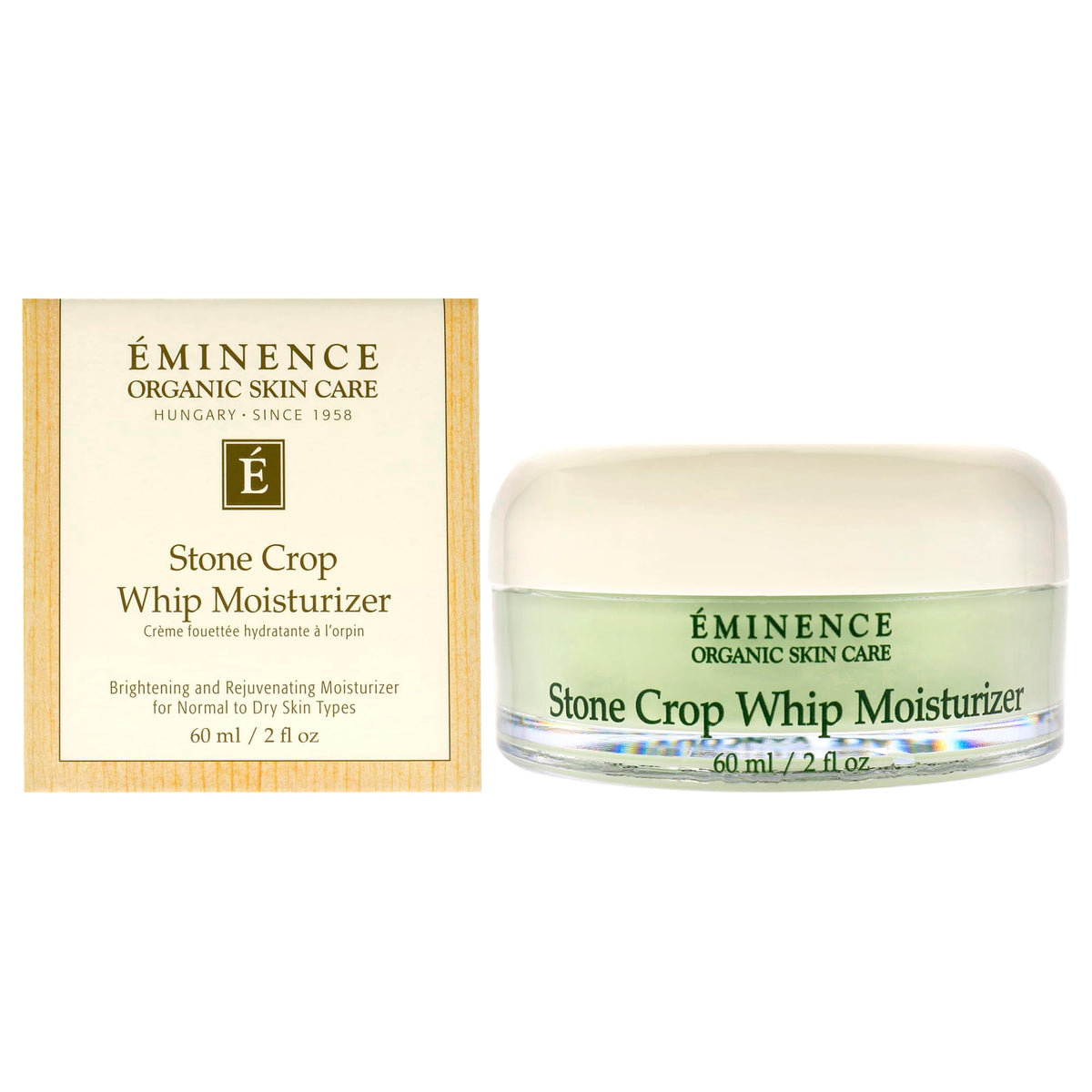 Eminence Stone Crop Whip jar close-up highlights hydrating moisture for radiant, even-toned skin.