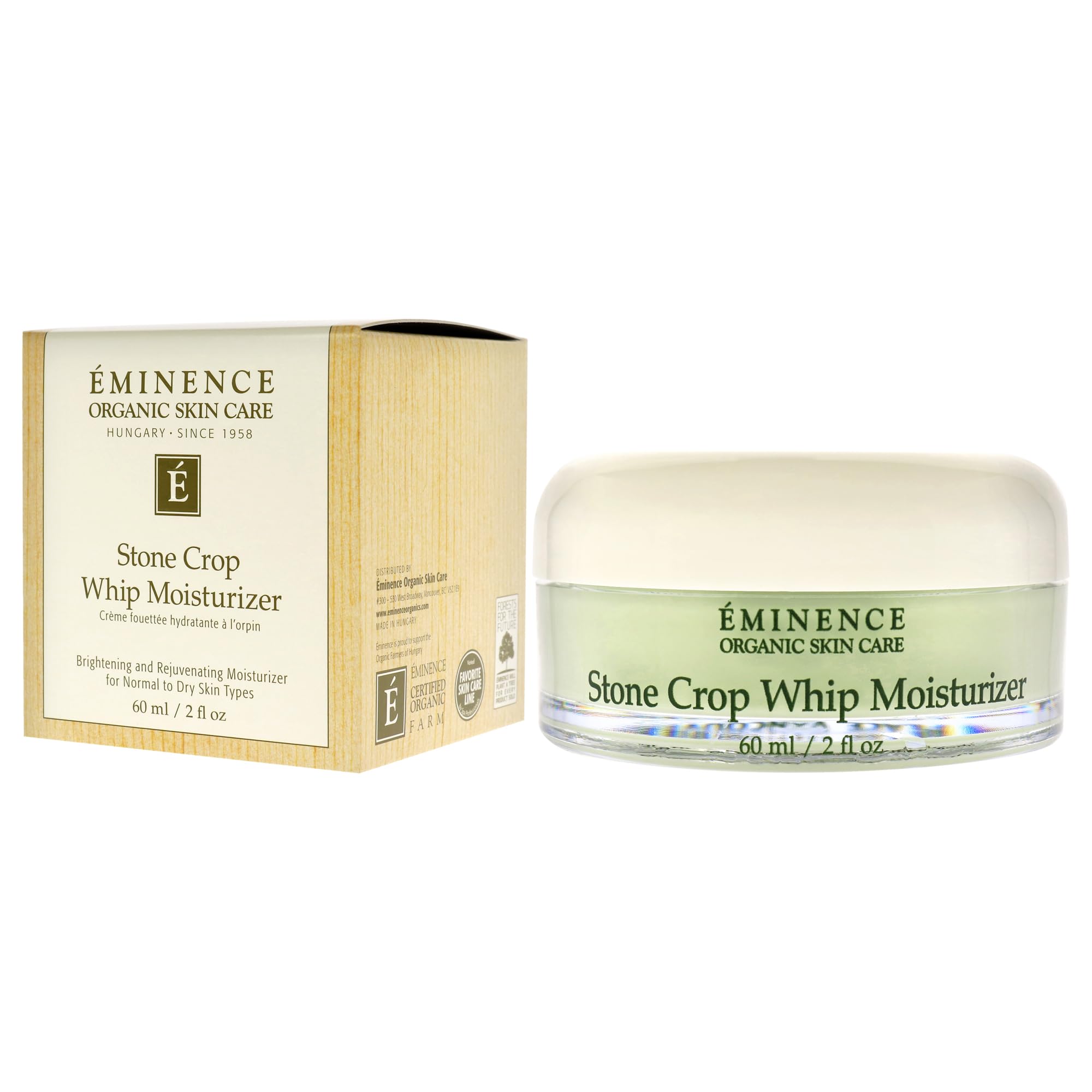 Eminence Stone Crop Whip packaging image conveys US-made premium moisturizer for normal to mature skin.