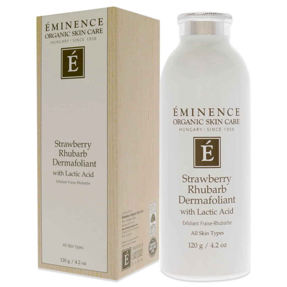 Eminence Strawberry Rhubarb Dermafoliant rinse-off demonstrates cleansing action for refreshed skin.