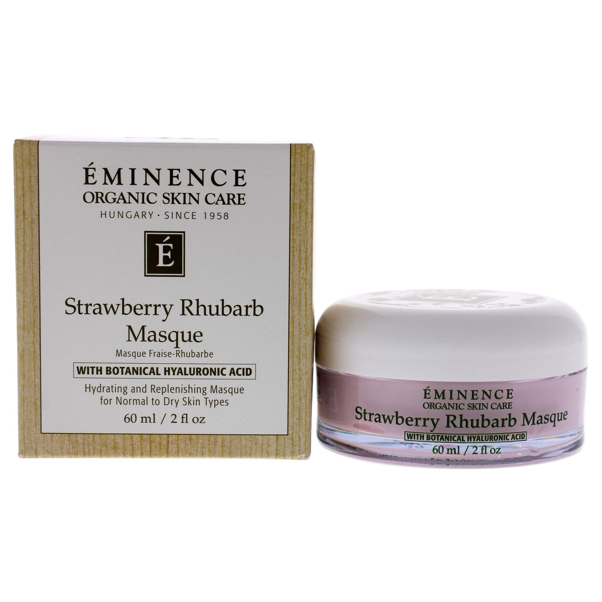 Eminence Strawberry Rhubarb Masque bottle closeup highlighting deep hydration for smoother skin