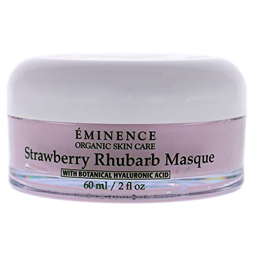 Eminence Strawberry Rhubarb Masque jar closeup emphasizing gentle exfoliation and refreshing feel