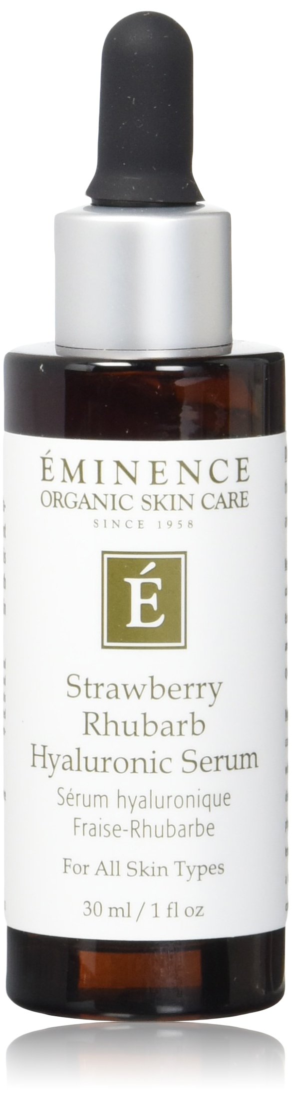Eminence Strawberry Rhubarb serum bottle demonstrates hydrating anti aging formula for daily skin care