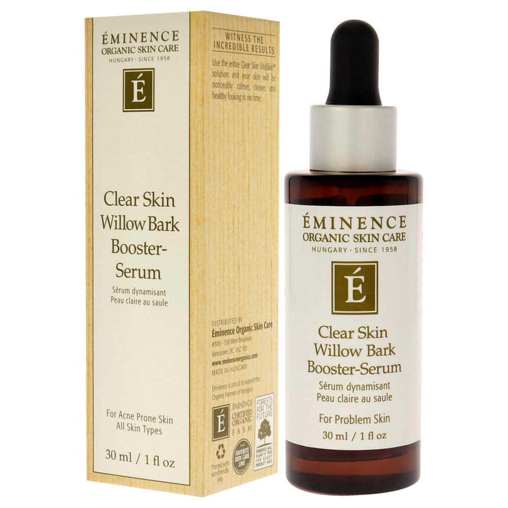 Eminence Willow Bark Booster Serum application on skin highlights calming effect.