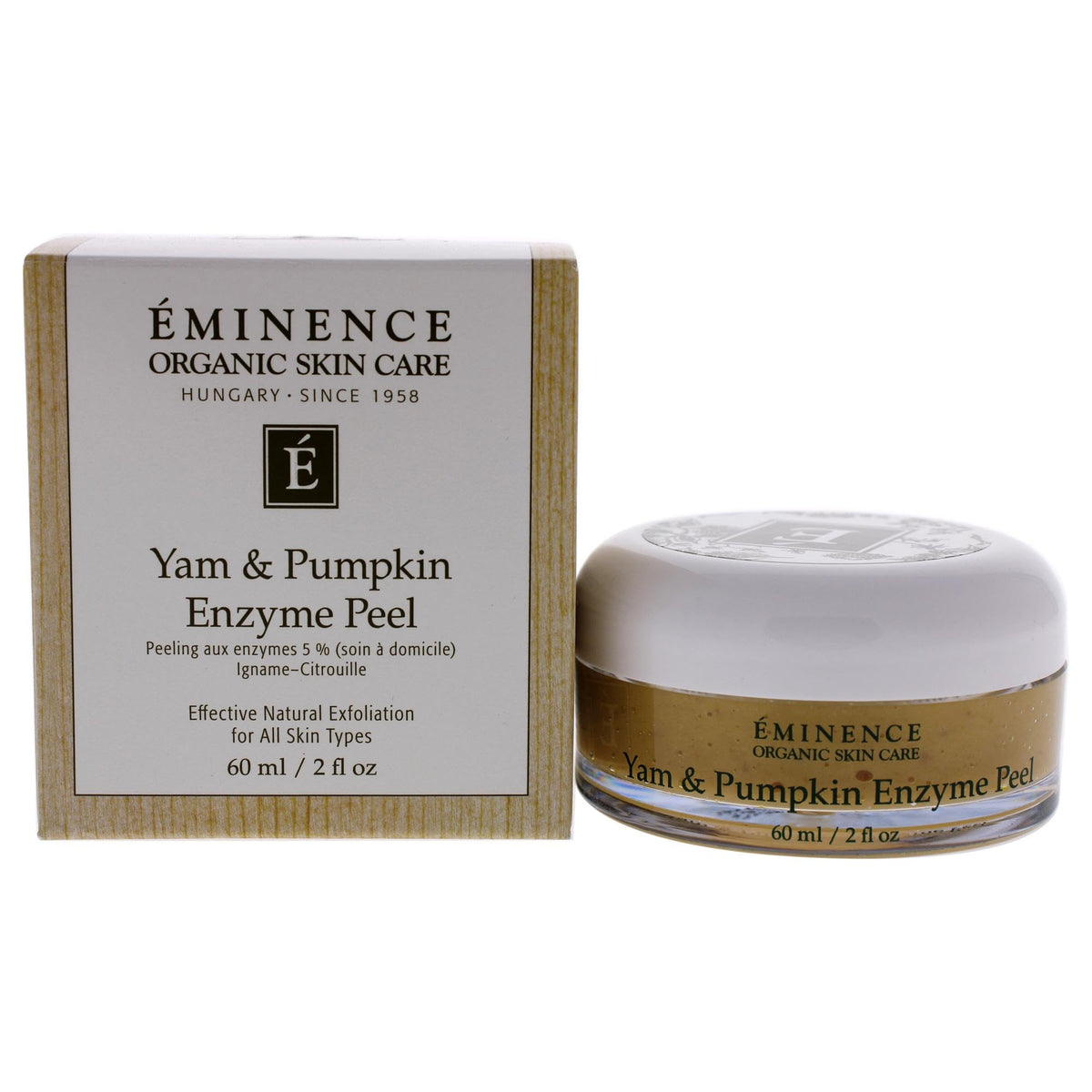 Eminence Yam and Pumpkin Enzyme Peel jar emphasizes nourishing texture for radiant skin.