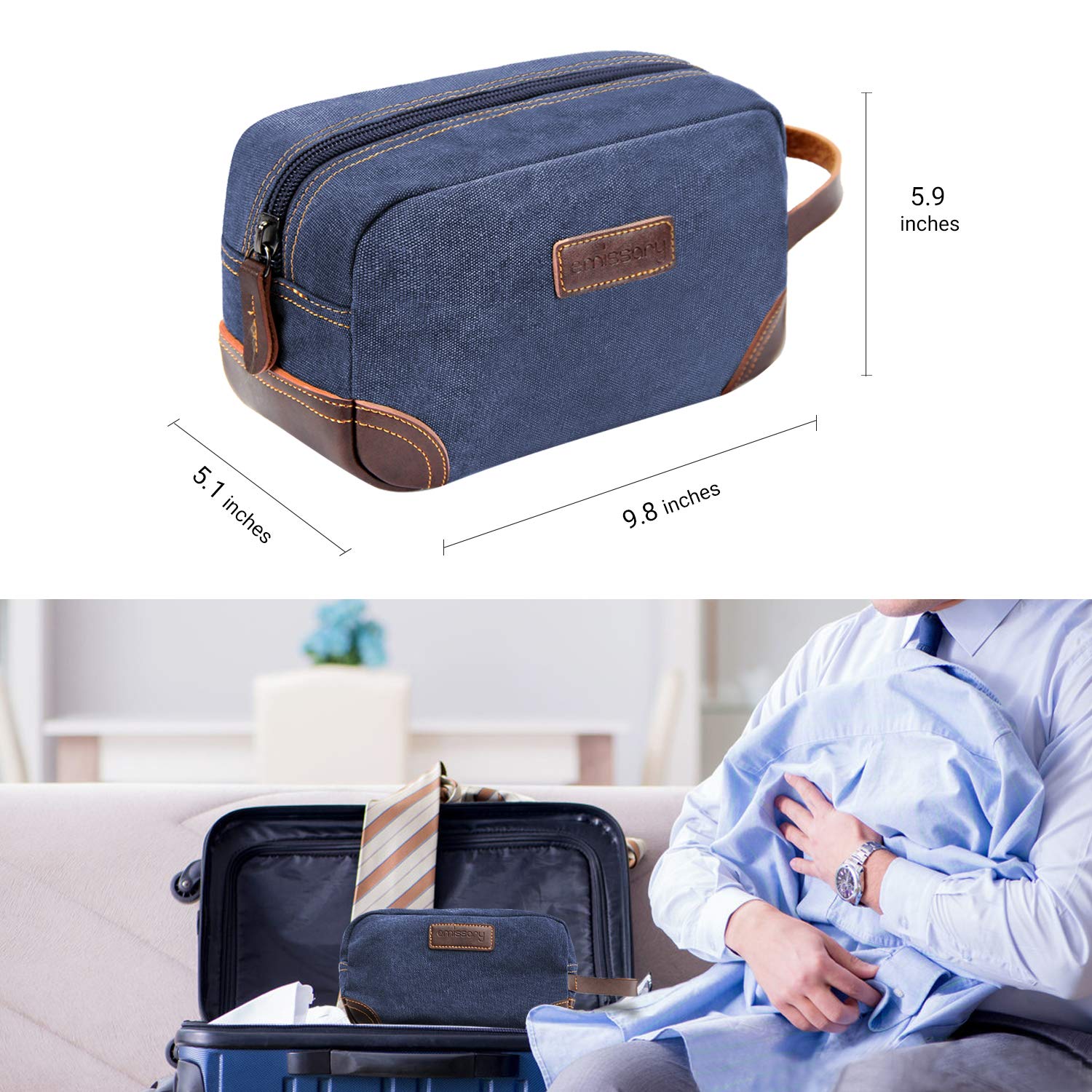 Compact yet roomy Emissary bag fits shampoo, toothpaste, and more