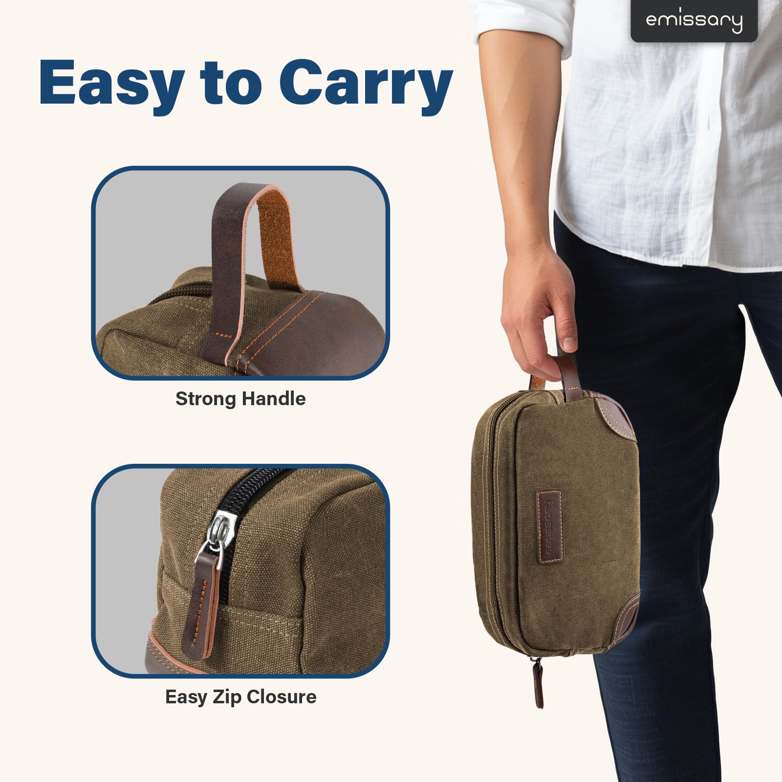 Emissary leather canvas Dopp kit close-up shows durable PU trim