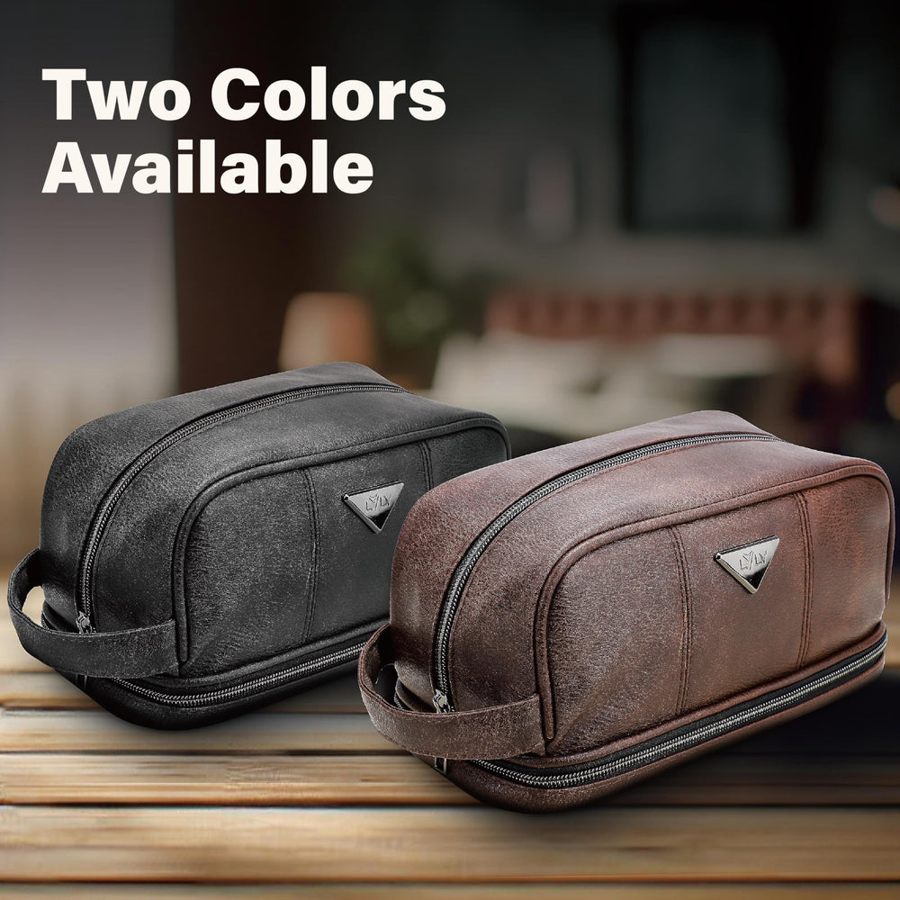 emissary Leather travel toiletry bag includes 12-month protection policy