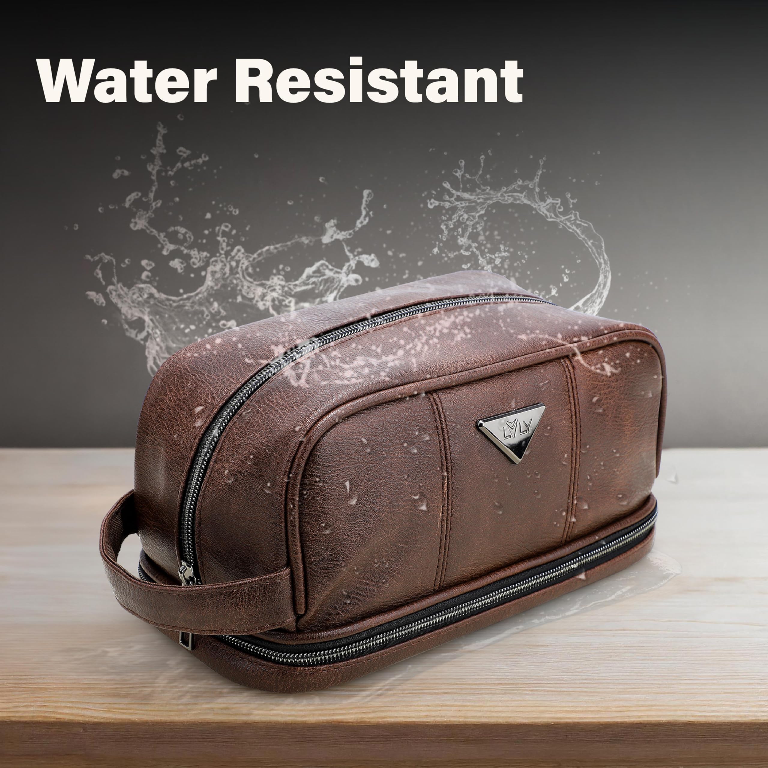 emissary Leather travel toiletry bag measures 10 by 5.5 by 6.5 inches