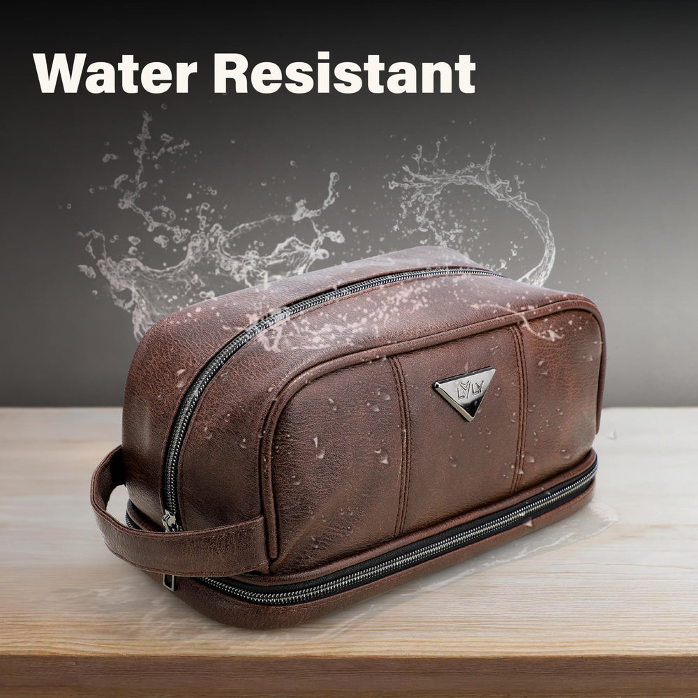 emissary Leather travel toiletry bag measures 10 by 5.5 by 6.5 inches