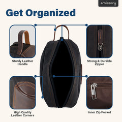 emissary toiletry bag black leather canvas material close-up showing durability