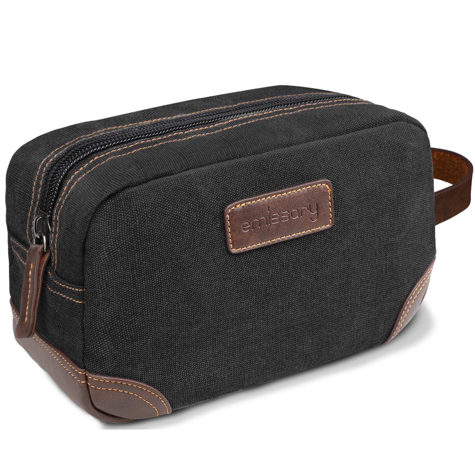 emissary toiletry bag black leather canvas side handle for easy travel