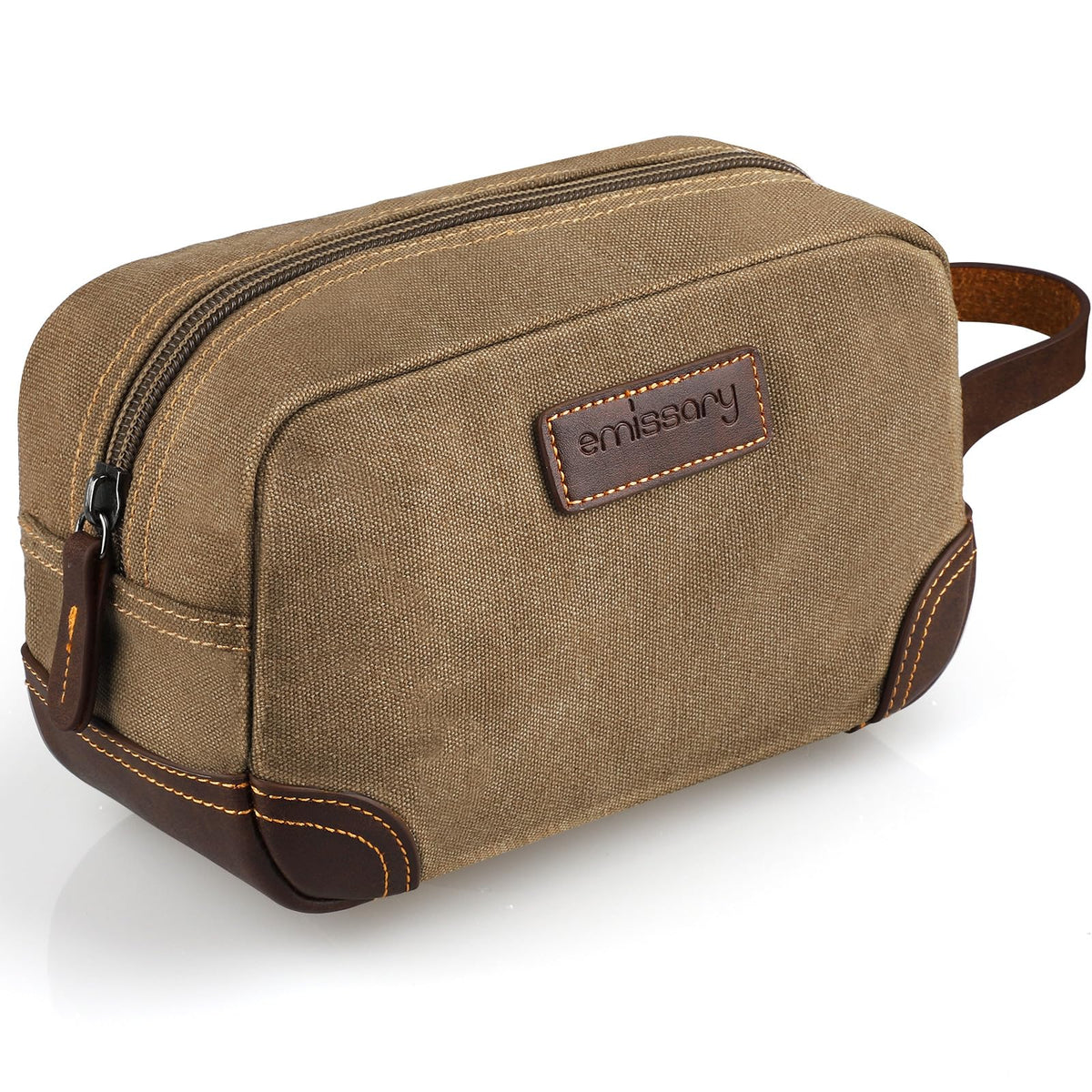 Emissary toiletry bag front view in brown for organized travel storage