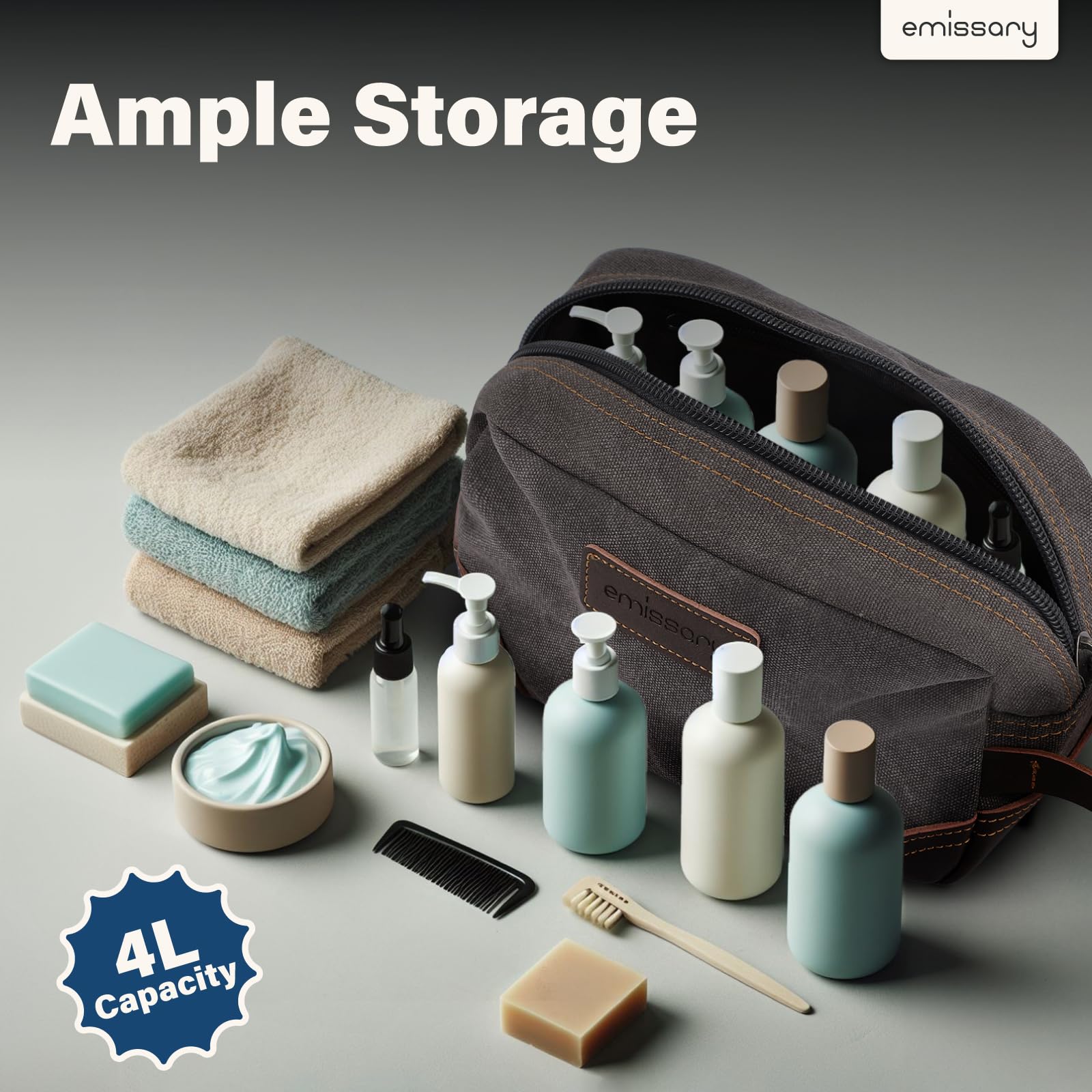 emissary toiletry bag large capacity holds bottles and essentials neatly