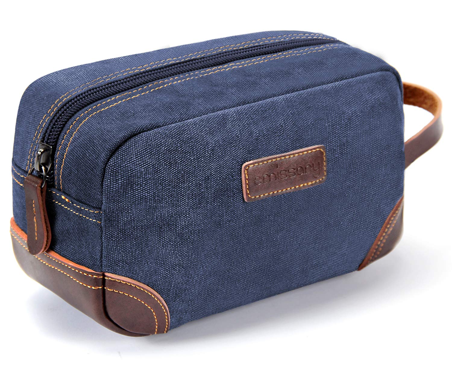 Emissary toiletry bag in blue leather and canvas with organized interior for travel