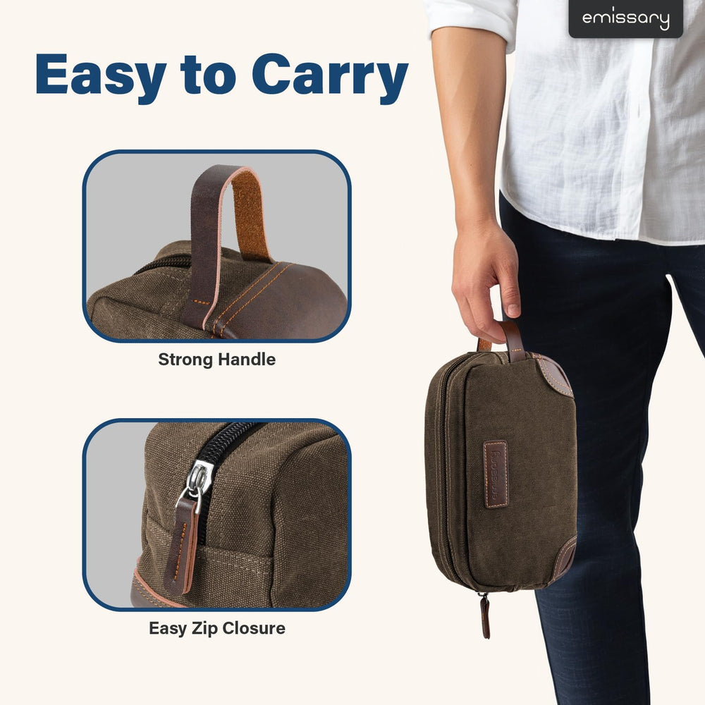 Emissary toiletry bag main compartment fits shampoos and creams for organization.