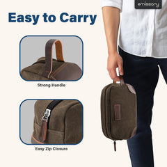 Emissary toiletry bag main compartment fits shampoos and creams for organization.