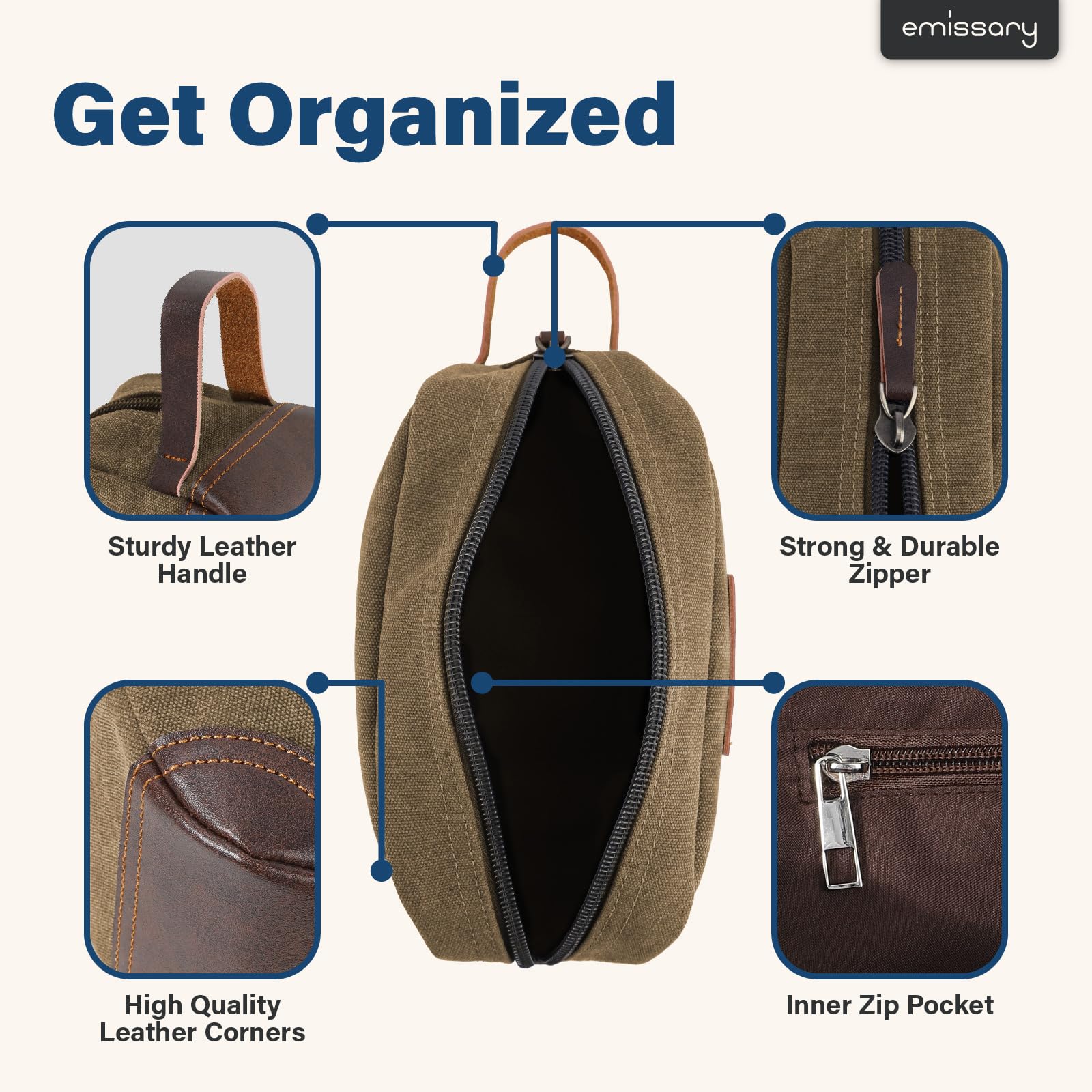 Emissary toiletry bag side view in brown highlighting portability