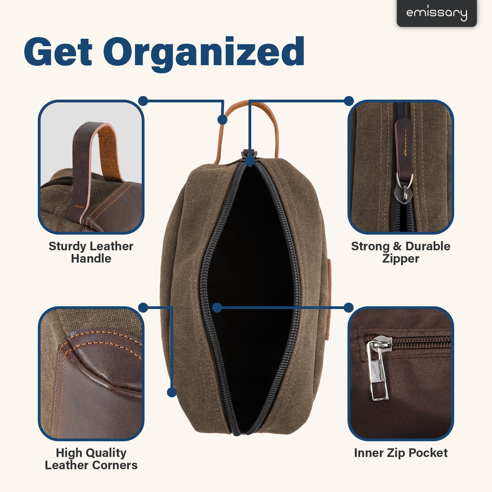 Emissary toiletry bag side handle enables easy lifting during travel.