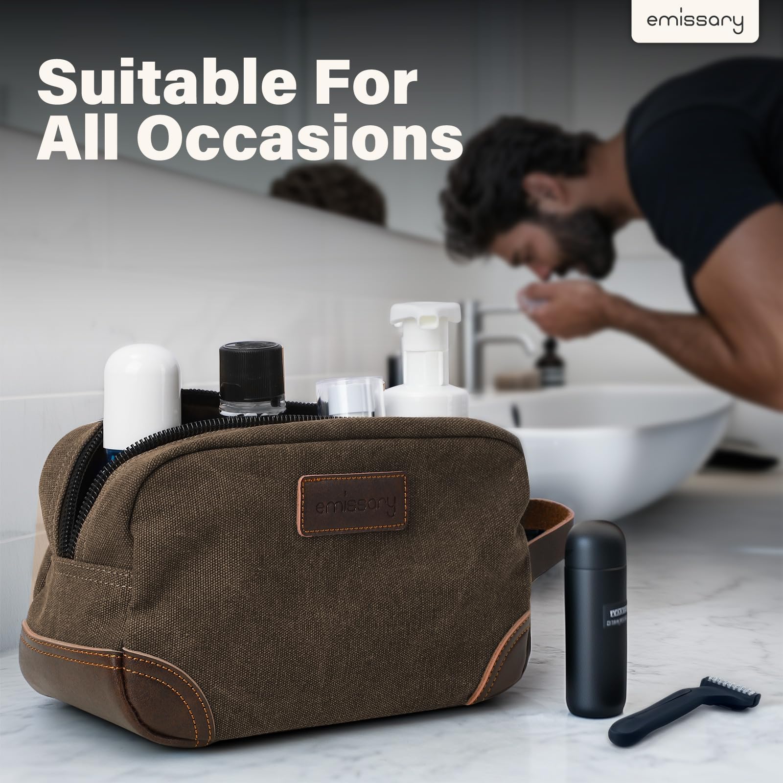 Emissary toiletry bag travel-use scenario with shaving kit and toiletries.