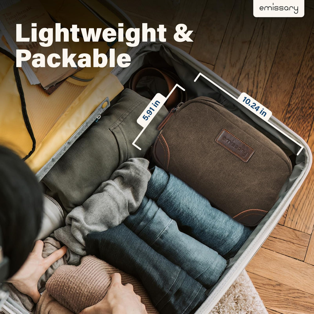 Emissary toiletry bag water-resistant material guards contents in damp bathrooms.
