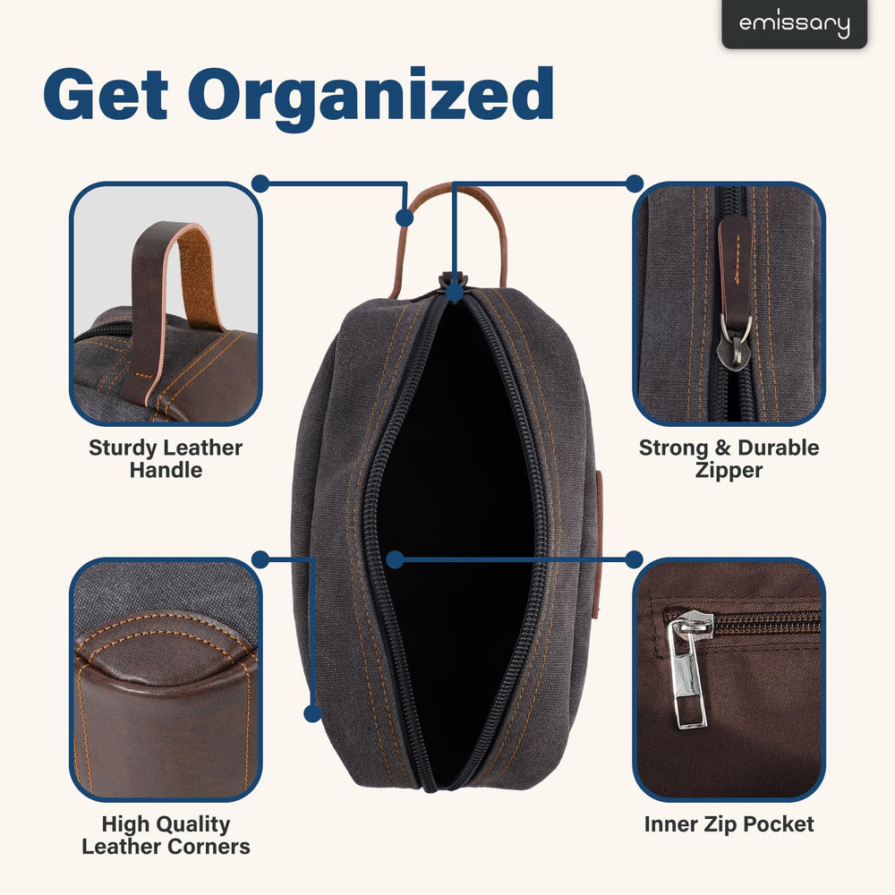 emissary toiletry bag water-resistant finish protects items in damp bathrooms