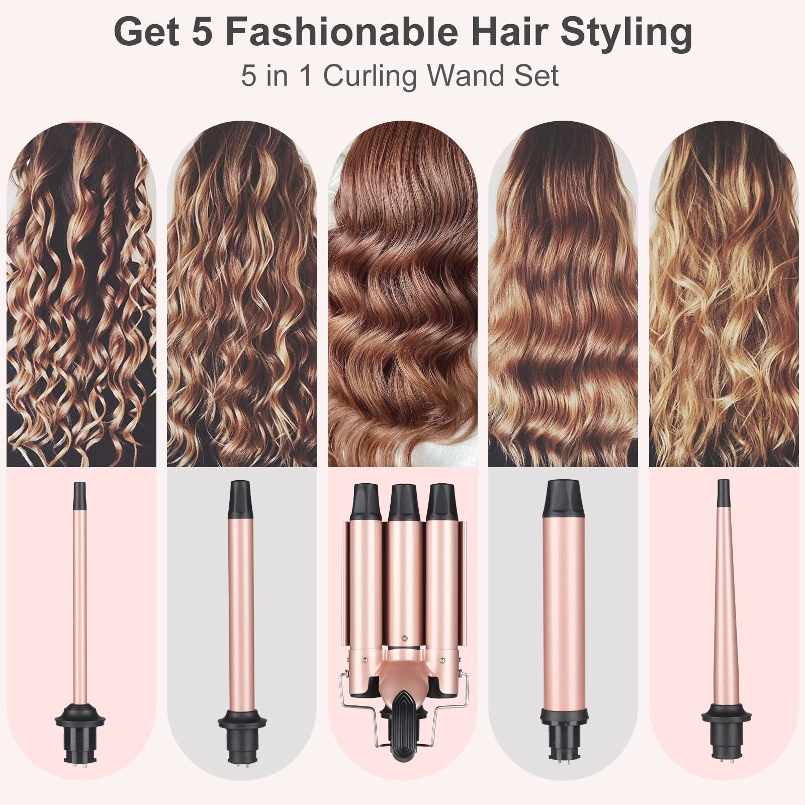 EMOCCI PRO 3-barrel ceramic curling iron highlights quick, uniform heat for smooth waves.
