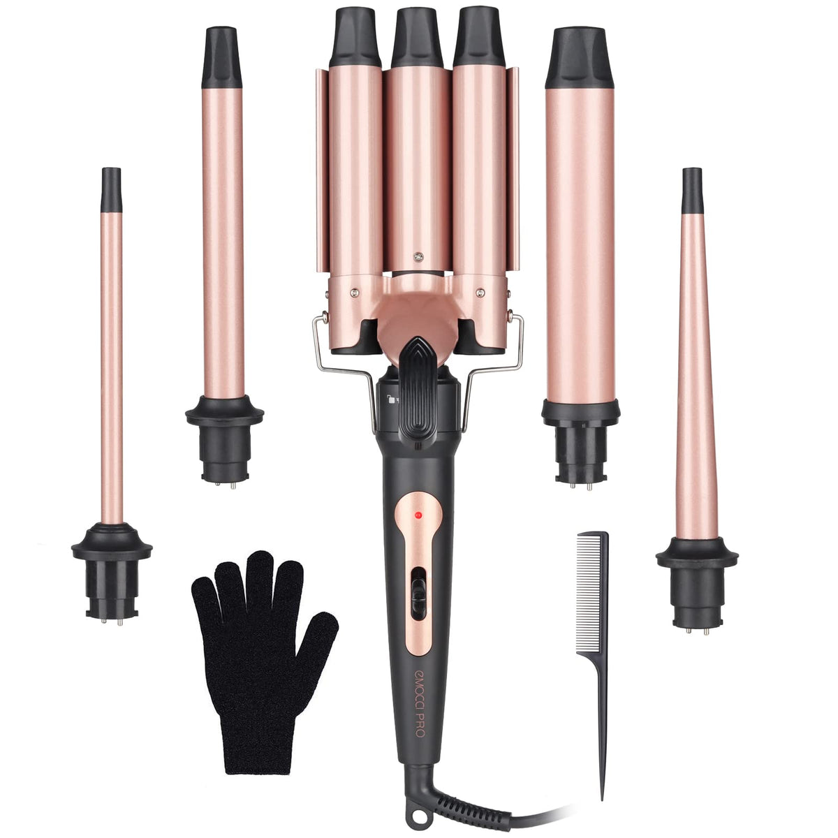 EMOCCI PRO 5-in-1 wand set packaging shows all barrels for versatile styling options.