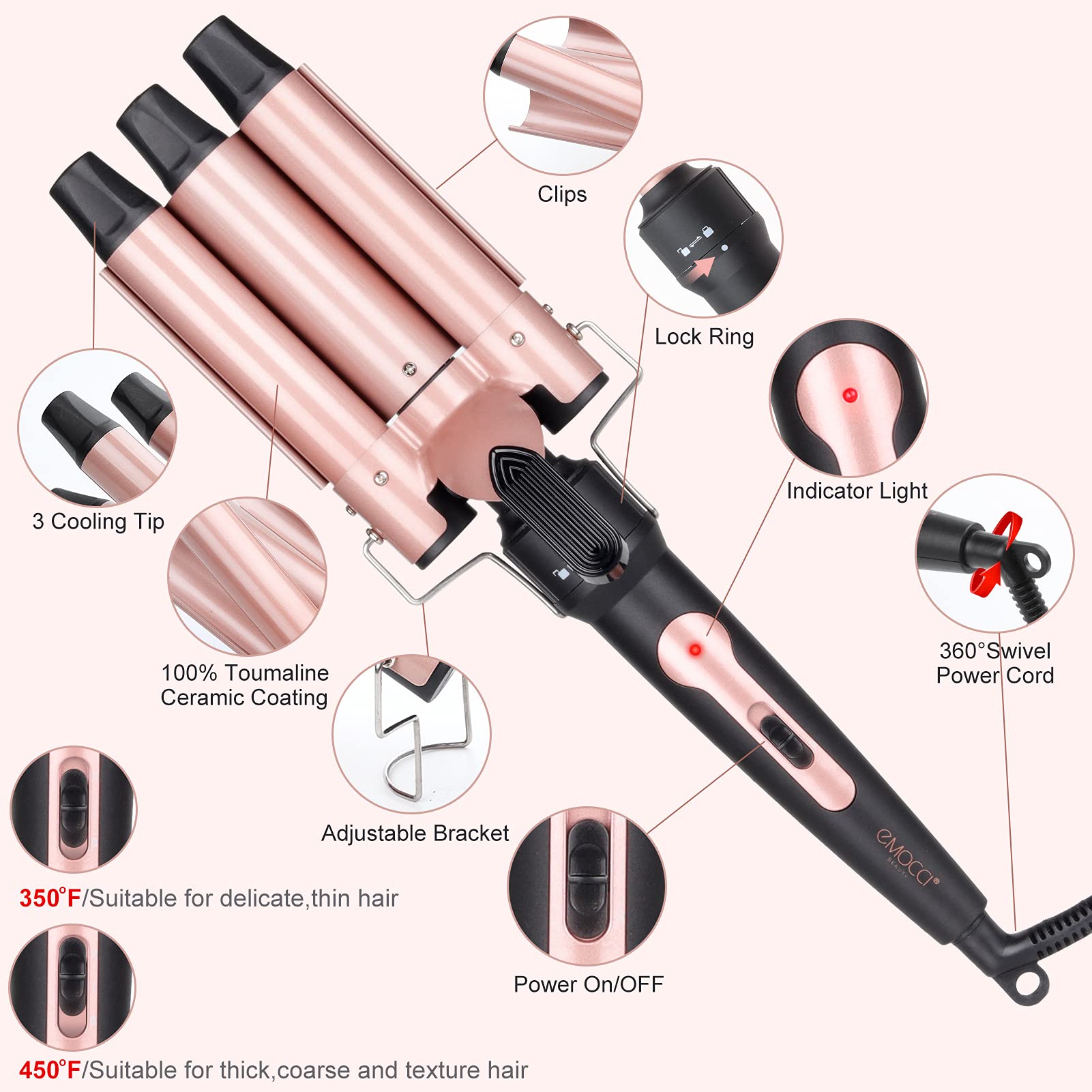 EMOCCI PRO tapered wand image suggests versatile shaping from soft waves to defined spirals.
