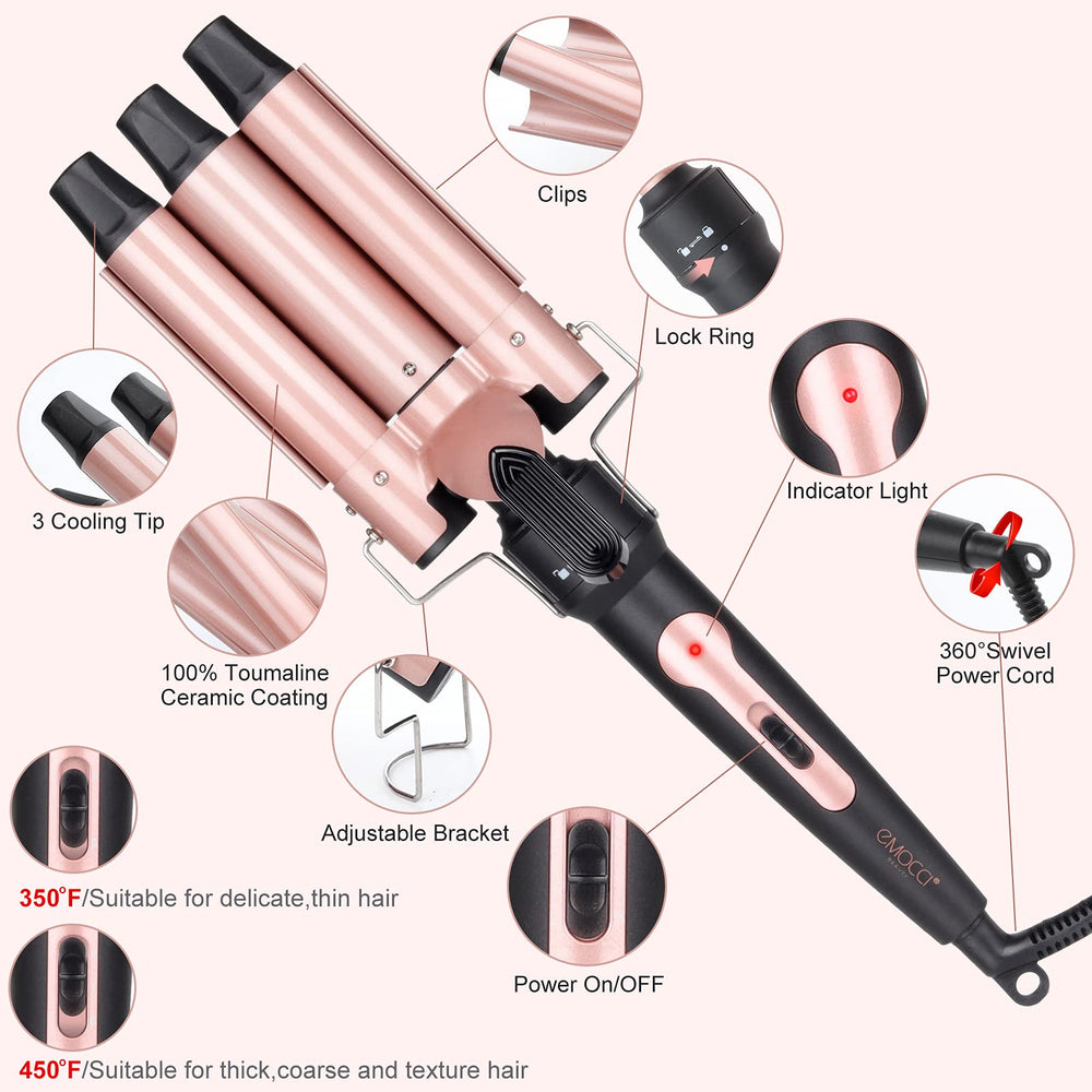 EMOCCI PRO tapered wand image suggests versatile shaping from soft waves to defined spirals.